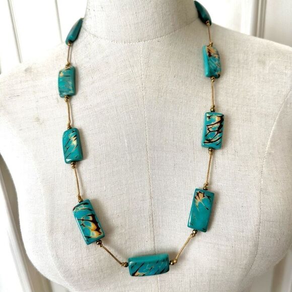 bronzite faux turquoise beaded necklace Jewelry - Bronzite and faux turquoise beaded adjustable necklace